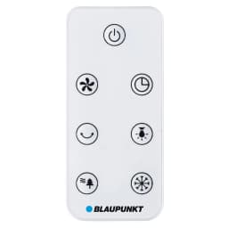Télécommande blanche Blaupunkt BP2024 avec boutons pictogrammes: marche, 3 vitesses, minuteur, mode nuit, ionisation, oscillation et refroidissement