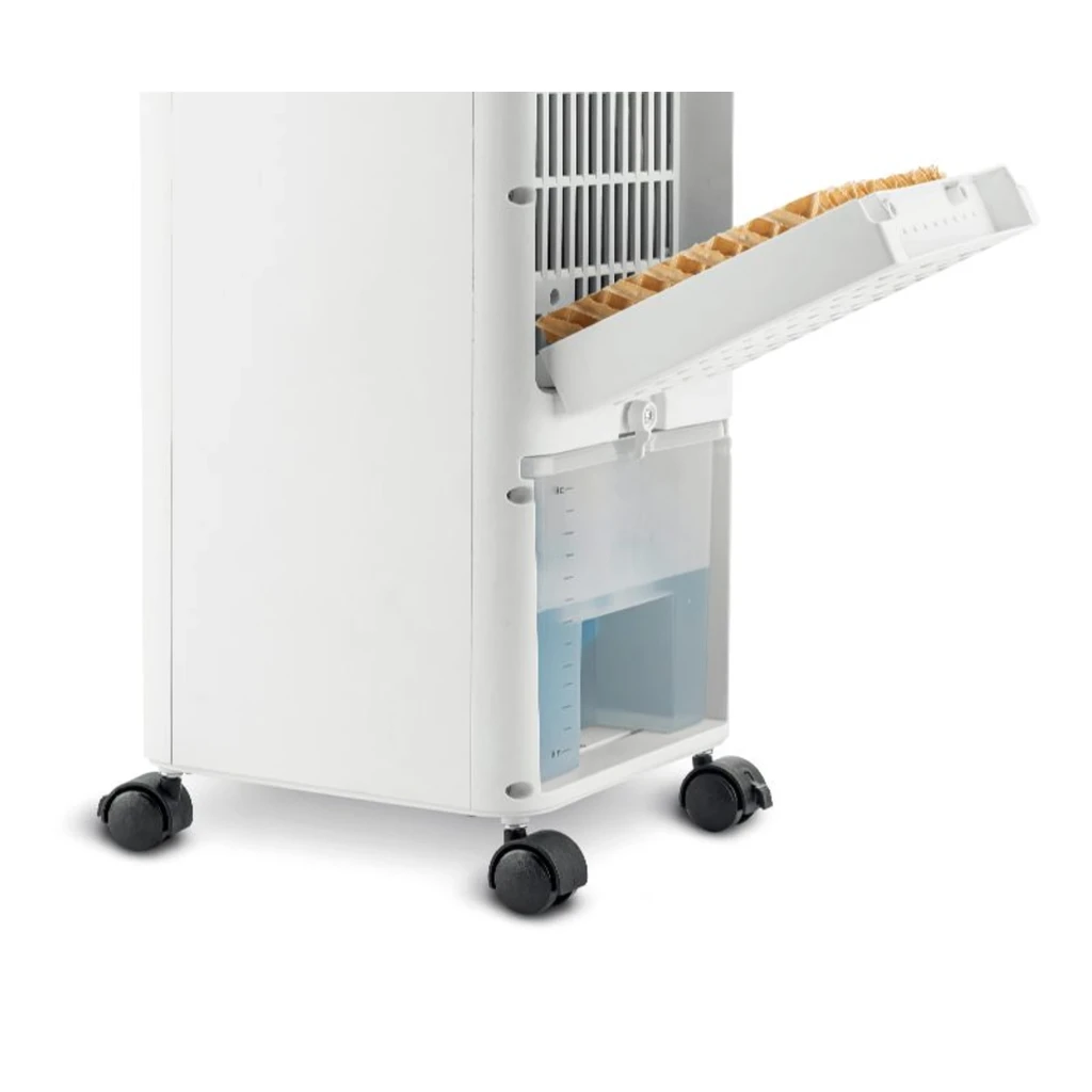 Climatizador evaporativo Blaupunkt BP2024 100W, panel digital frontal, rejilla ajustable, depósito visible, cuerpo blanco compacto con ruedas y 3 velocidades - Ítem2