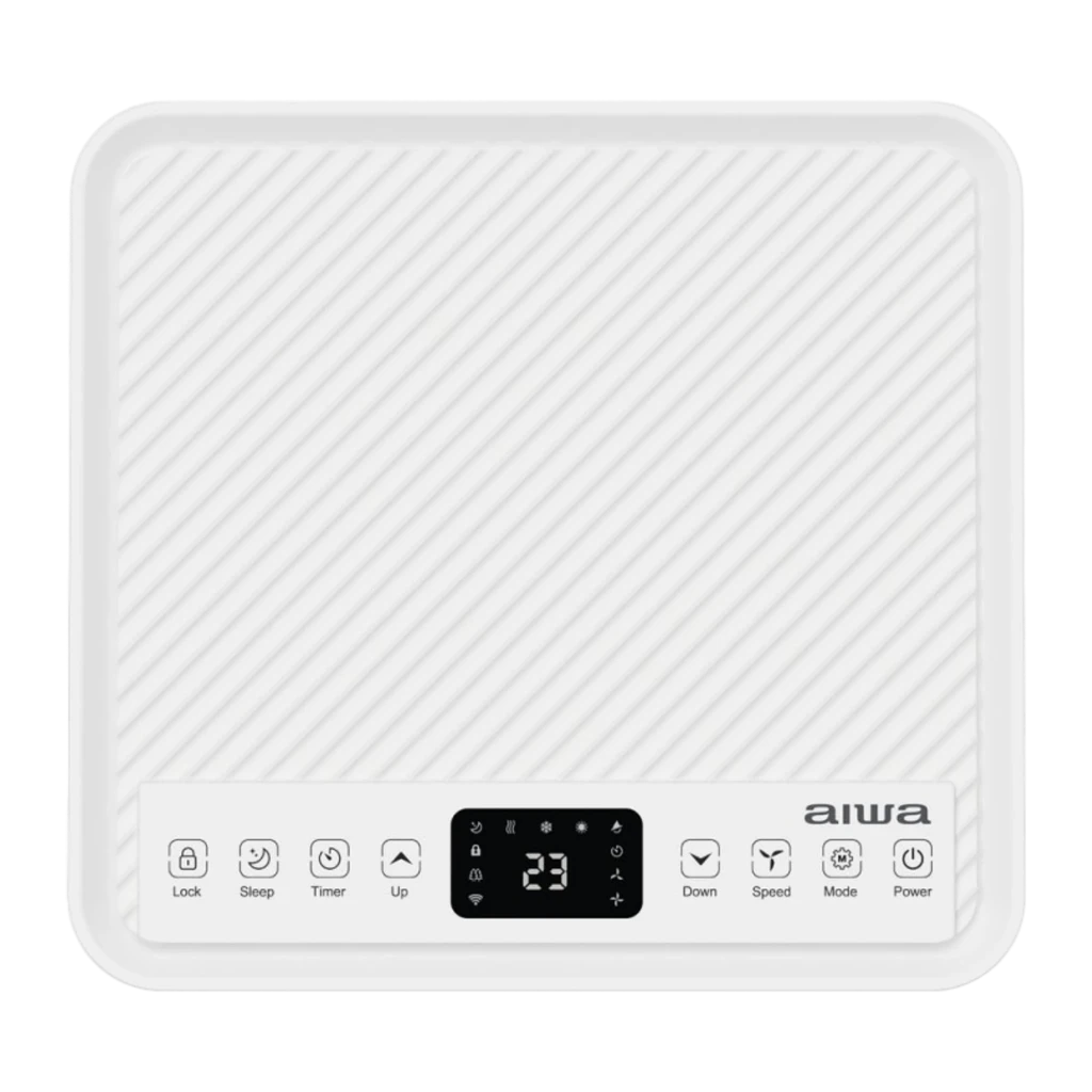 Aire acondicionado portátil Aiwa blanco con panel frontal liso, rejillas horizontales ajustables, rueda visible inferior y diseño compacto con bordes - Ítem2