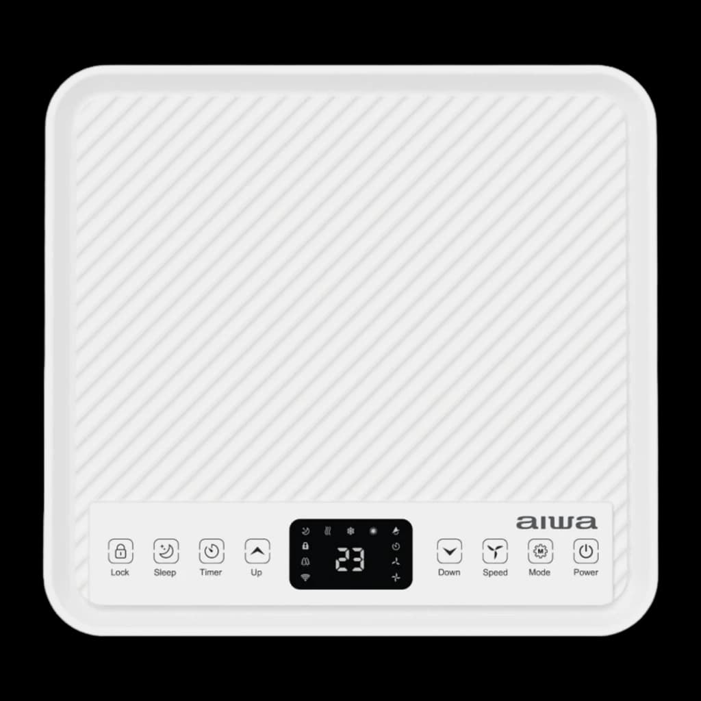 Panneau supérieur blanc du Climatiseur portable Aiwa PAC-10000PH avec écran LED central, commandes tactiles verrouillage sommeil minuteur vitesse mode et
