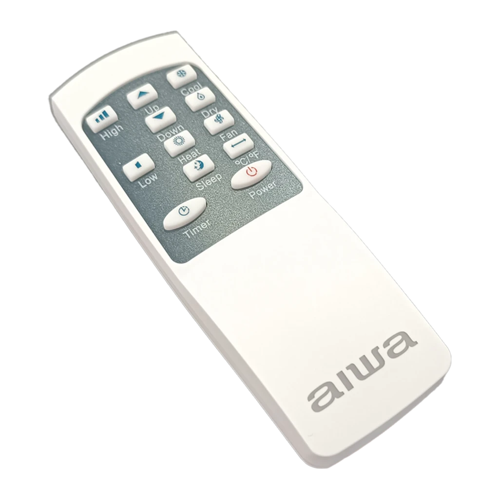 Aire acondicionado portátil Aiwa blanco con panel frontal liso, rejillas horizontales ajustables, rueda visible inferior y diseño compacto con bordes - Ítem3