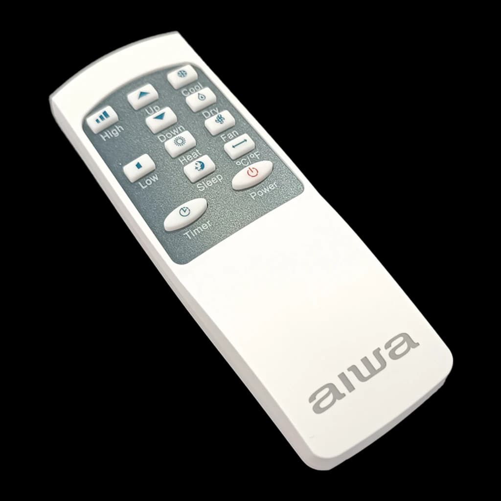 Télécommande blanche Aiwa avec logo, boutons gris et bleus pour modes Cool Heat Dry Fan, vitesses High Low, Sleep, Timer et Power, design compact et