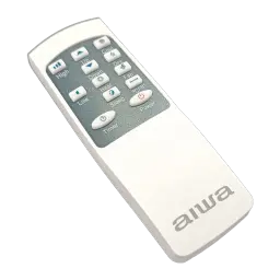 Télécommande blanche Aiwa avec logo, boutons gris et bleus pour modes Cool Heat Dry Fan, vitesses High Low, Sleep, Timer et Power, design compact et