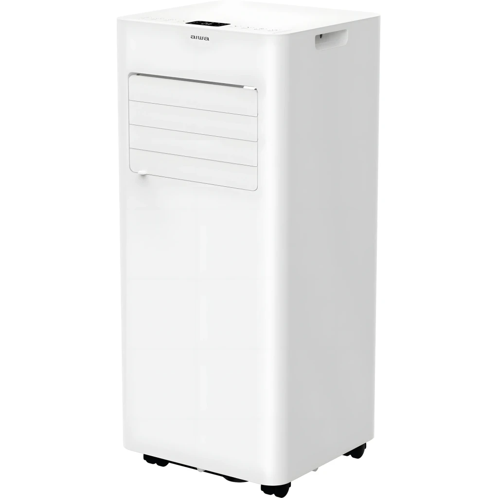 Aire acondicionado portátil Aiwa blanco con panel frontal liso, rejillas horizontales ajustables, rueda visible inferior y diseño compacto con bordes - Ítem1