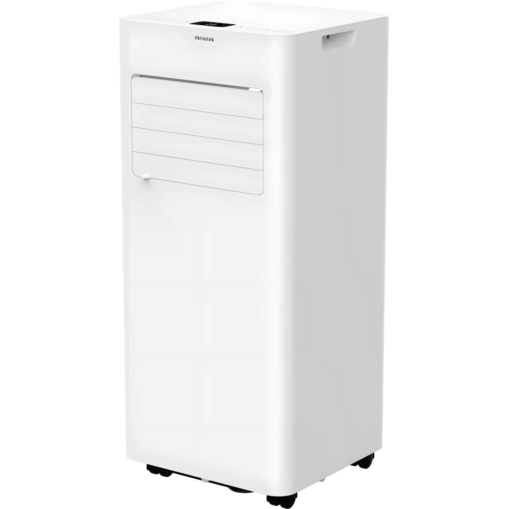 Climatiseur portable Aiwa blanc, façade à lamelles horizontales, écran supérieur discret, poignées latérales et roulettes pour déplacement facile