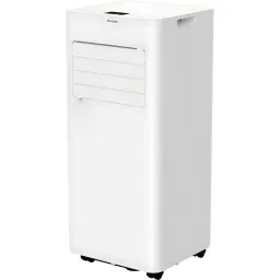 Climatiseur portable Aiwa blanc, façade à lamelles horizontales, écran supérieur discret, poignées latérales et roulettes pour déplacement facile