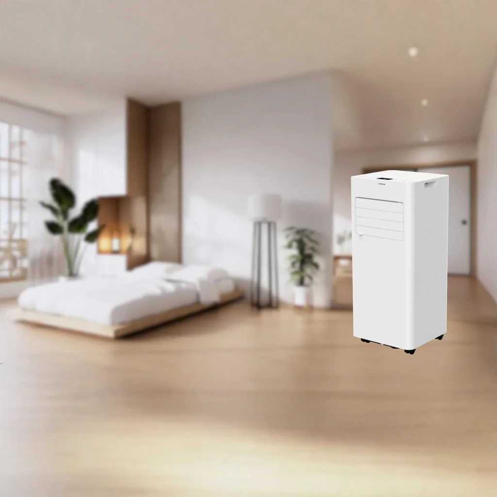Aire acondicionado portátil Aiwa blanco con panel frontal liso, rejillas horizontales ajustables, rueda visible inferior y diseño compacto con bordes - Ítem4