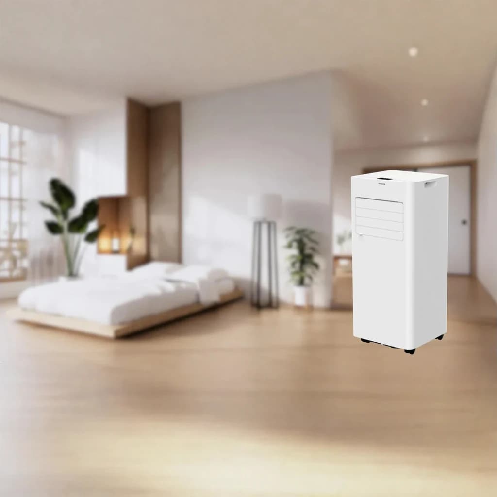 Climatiseur portable Aiwa PAC-10000PH blanc, design rectangulaire sur roulettes, volets frontaux horizontaux, écran discret sur le dessus, compact et moderne