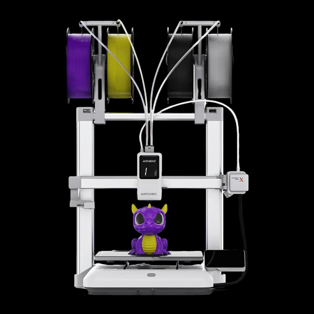 Impresora 3D Anycubic Kobra X ACE GEN 2 4 Colores FDM 600mm/s con cuatro portabobinas, doble extrusión por tubos, marco metálico y figura morada en la base