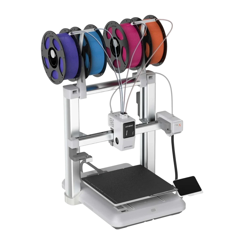 Impresora 3D Anycubic Kobra X ACE GEN 2 4 Colores FDM 600mm/s con cuatro portabobinas, doble extrusión por tubos, marco metálico y figura morada en la base - Ítem1