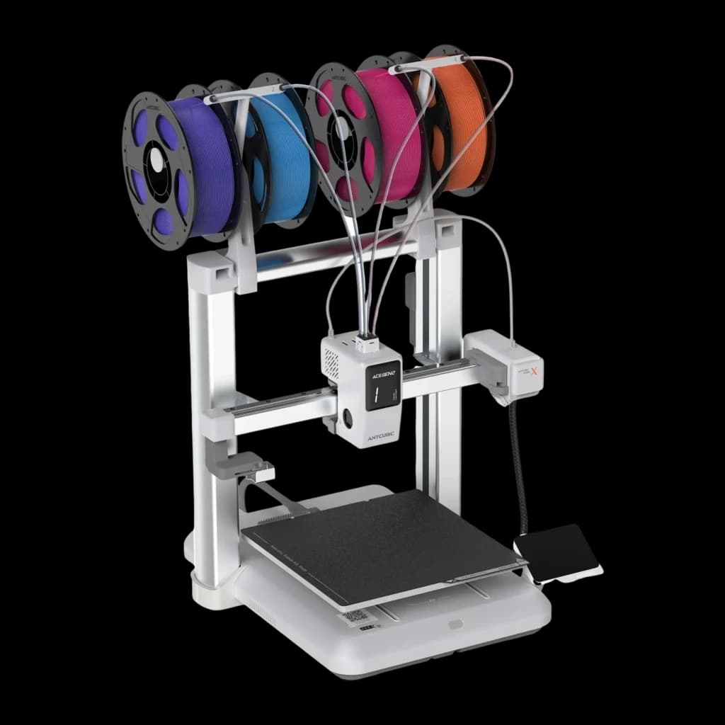 Impresora 3D FDM con cuatro bobinas de filamento, sistema multicolor, marco metálico robusto, extrusión por tubos Bowden y base de impresión amplia y