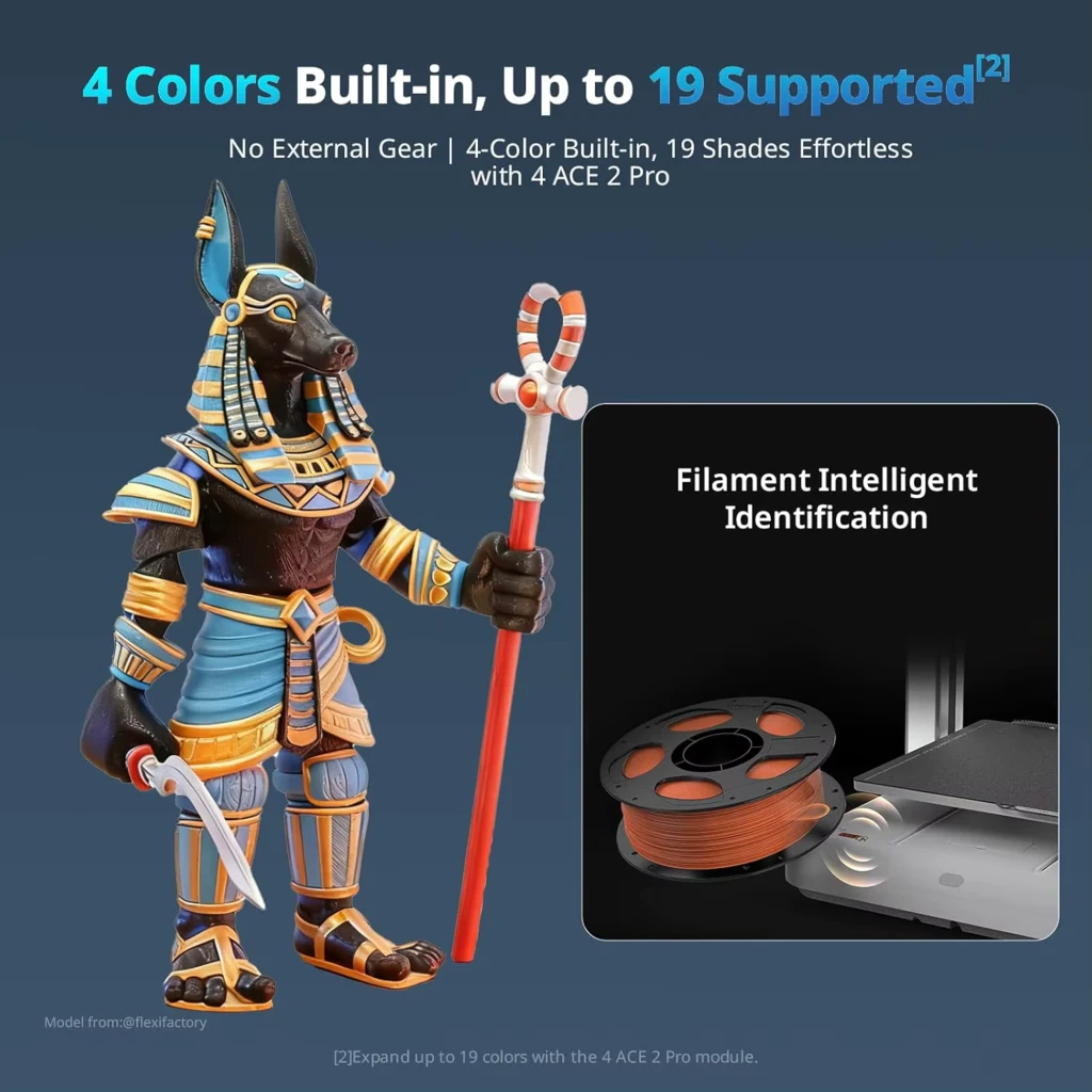 Impresora 3D Anycubic Kobra X ACE GEN 2 4 Colores FDM 600mm/s con cuatro portabobinas, doble extrusión por tubos, marco metálico y figura morada en la base - Ítem4