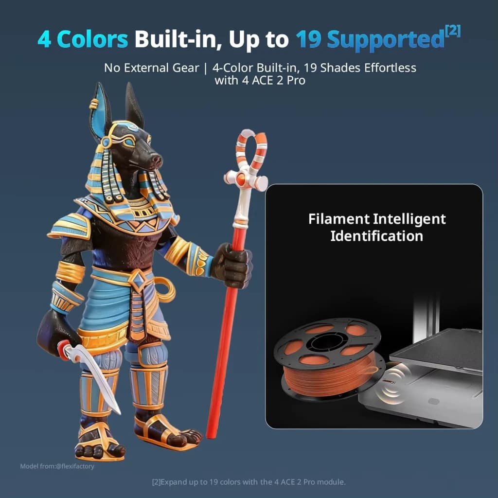 Impresora 3D FDM Anycubic Kobra X ACE GEN 2 con impresión multicolor 4 colores, bobina de filamento visible y sistema de identificación inteligente