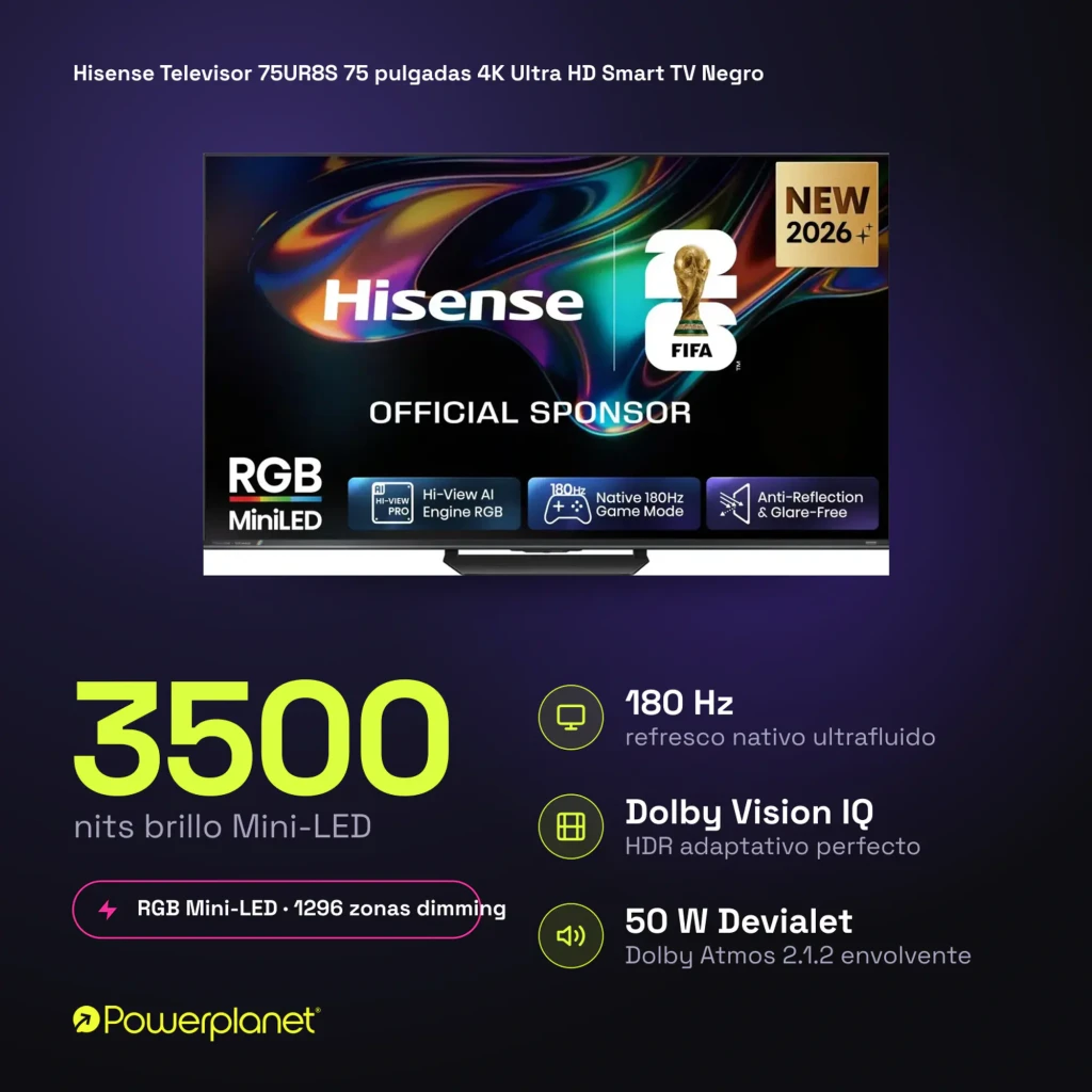 Televisor Hisense 75UR8S 75 polegadas 4K Mini LED RGB com tela fina, bordas estreitas, suporte central e selos 180Hz, HDMI 2.1, anti-reflexo e FIFA 2026+ - Item14