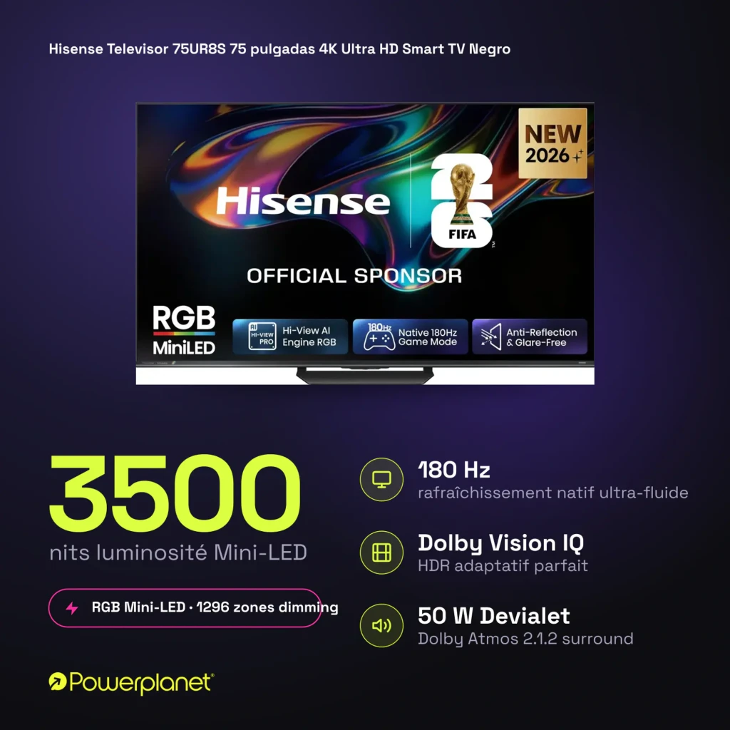 Televisor Hisense 75UR8S 75 polegadas 4K Mini LED RGB com tela fina, bordas estreitas, suporte central e selos 180Hz, HDMI 2.1, anti-reflexo e FIFA 2026+ - Item11