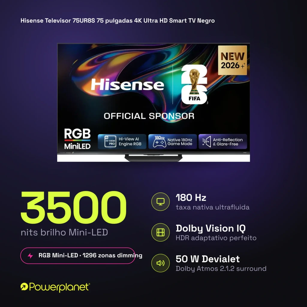 Televisor Hisense 75UR8S 75 polegadas 4K Mini LED RGB com tela fina, bordas estreitas, suporte central e selos 180Hz, HDMI 2.1, anti-reflexo e FIFA 2026+ - Item13