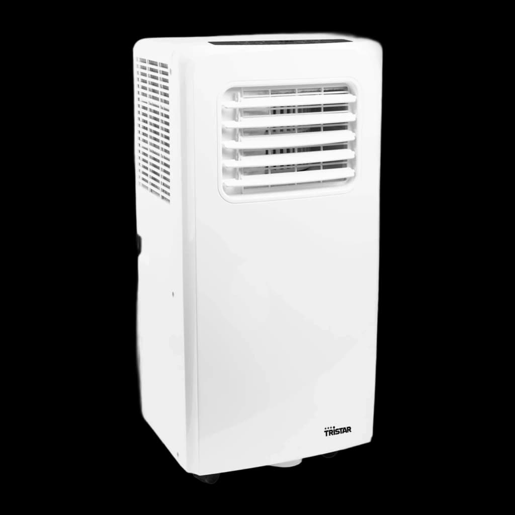 Climatiseur portable blanc avec grille frontale à lamelles, panneau supérieur noir discret, sorties latérales de ventilation et roulettes pour déplacement