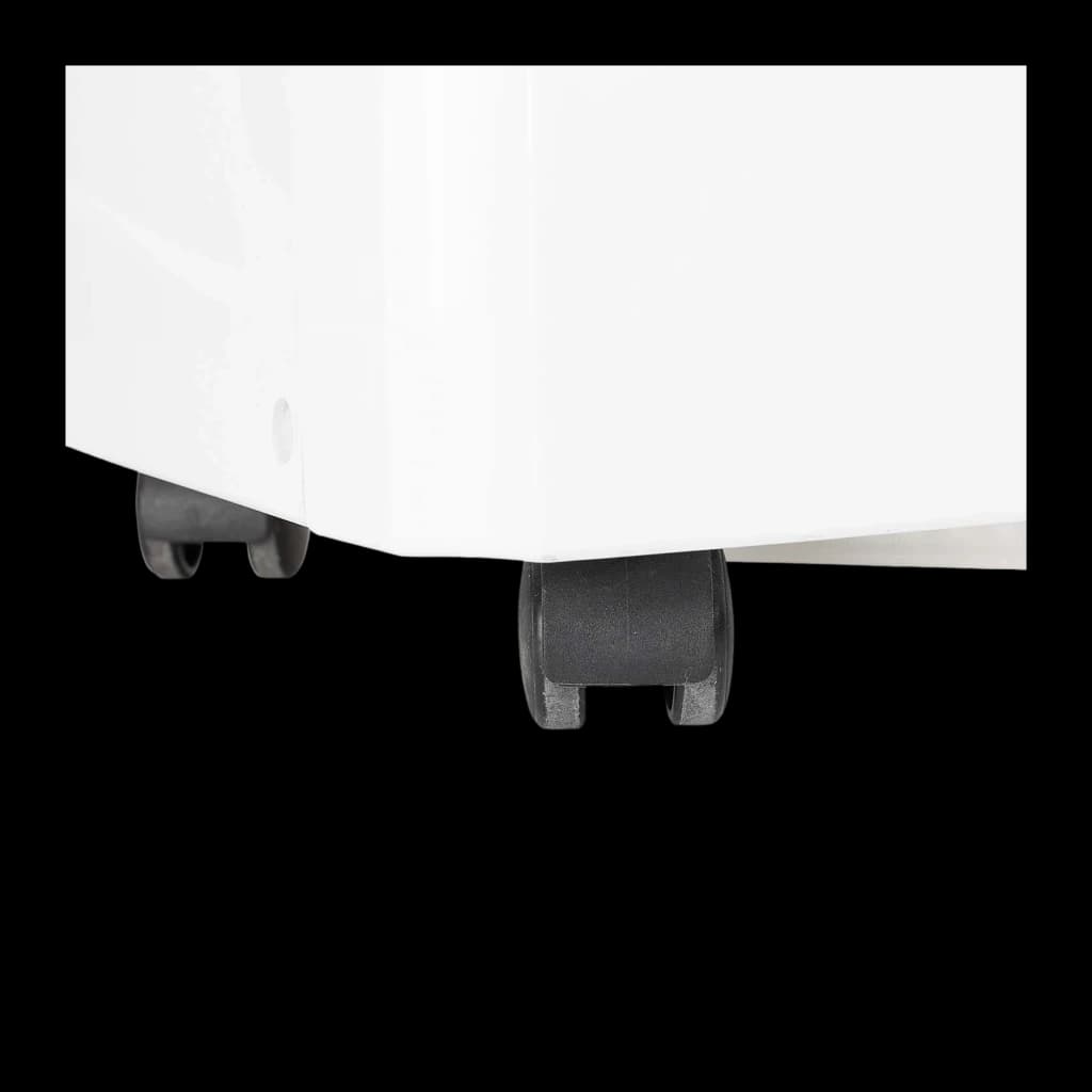 Roulettes noires du Climatiseur portable TriStar AC-5707 7 000 BTU, base blanche robuste, mobilité facilitée, finition lisse, détail de coin inférieur