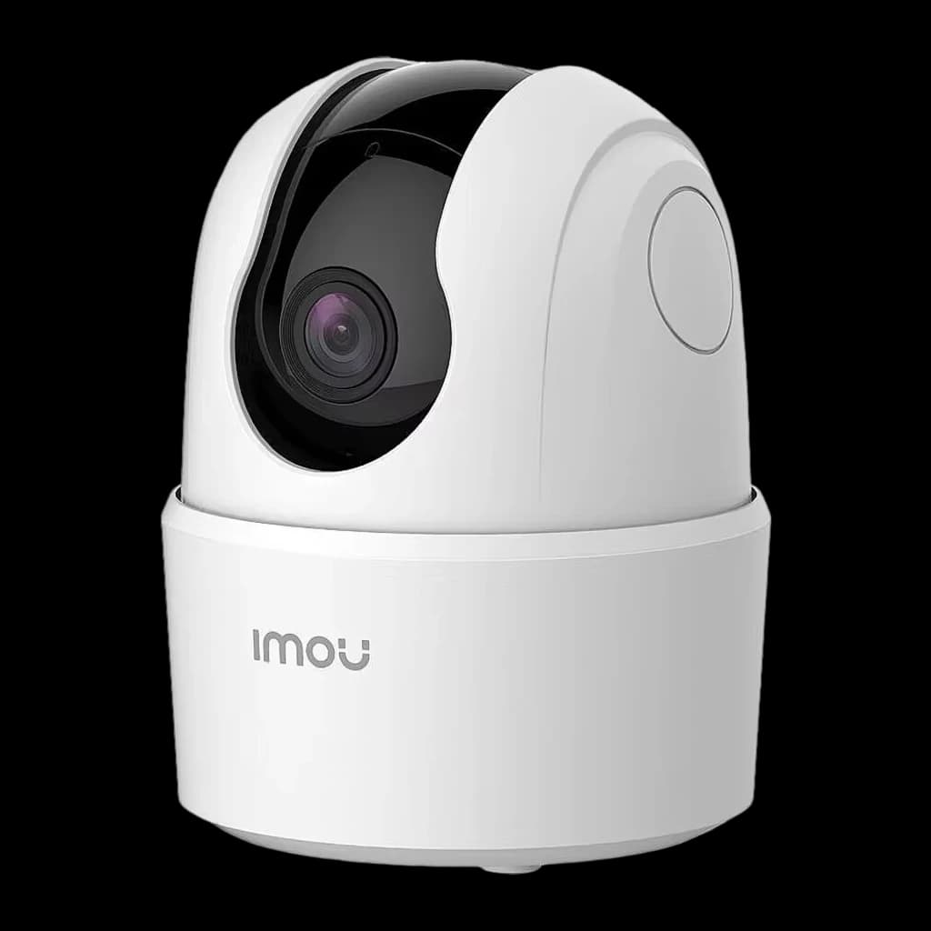 Imou Ranger 2C 3MP 256GB blanc, vue latérale en angle: objectif au premier plan et corps PT rotatif