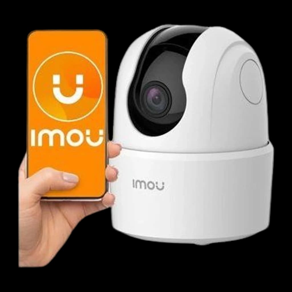 Imou Ranger 2C 3MP 256GB blanc, vue avec app: main tenant un téléphone avec l'app Imou à côté de la caméra