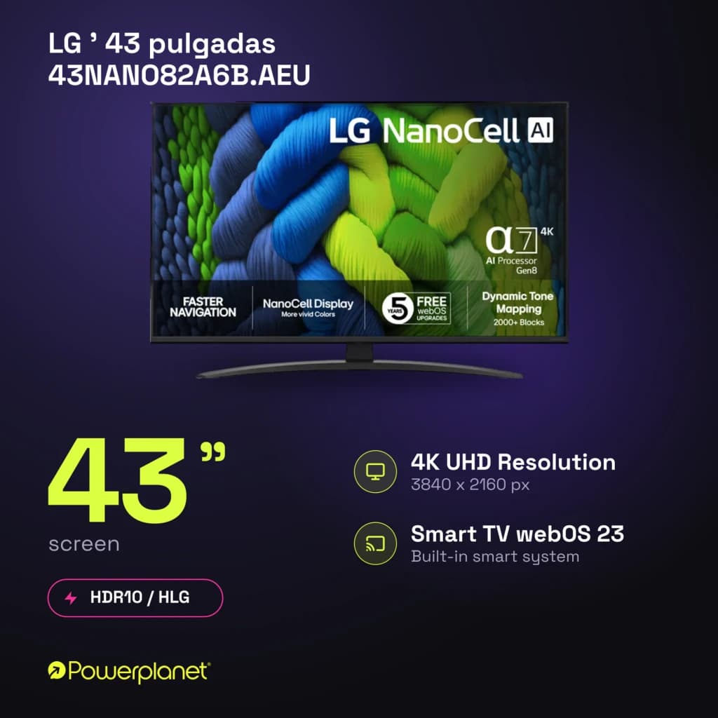 Televisor LG 43NANO82A6B.AEU de 43 polegadas com ecrã NanoCell 4K UHD, HDR10/HLG, processador α7 4K, molduras finas e base curva, Smart TV webOS 23