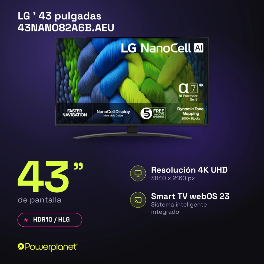 Téléviseur LG NanoCell 43 pouces 4K UHD, écran LED aux couleurs vives, cadre fin noir, pied central courbé, logos AI α7 et webOS 23 visibles - Ítem4