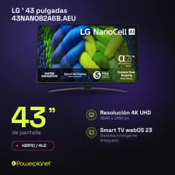 Televisor LG 43NANO82A6B.AEU 43 polegadas NanoCell 4K UHD LED LCD com HDR10 e HLG, painel fino, base curva e bordas estreitas, Smart TV webOS 23