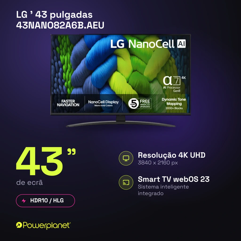 Téléviseur LG NanoCell 43 pouces 4K UHD, écran LED aux couleurs vives, cadre fin noir, pied central courbé, logos AI α7 et webOS 23 visibles - Ítem3