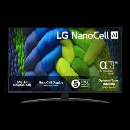 Televisor LG 43NANO82A6B 43 polegadas com tela NanoCell 4K, cores vibrantes, processador α7 AI Gen8 e suporte curvo central preto