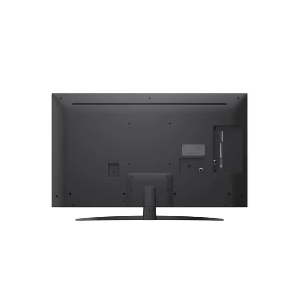 Téléviseur LG NanoCell 43 pouces 4K UHD, écran LED aux couleurs vives, cadre fin noir, pied central courbé, logos AI α7 et webOS 23 visibles - Ítem7