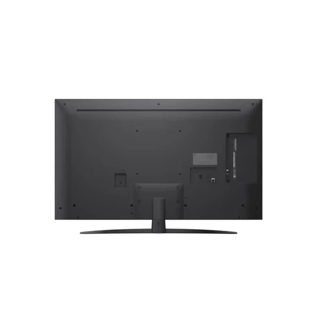 Parte traseira do Televisor LG 43NANO82A6B.AEU: painel preto, base central curva, entradas HDMI e USB laterais, grade de ventilação e acabamento minimalista