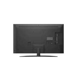 Parte traseira do Televisor LG 43NANO82A6B.AEU: painel preto, base central curva, entradas HDMI e USB laterais, grade de ventilação e acabamento minimalista