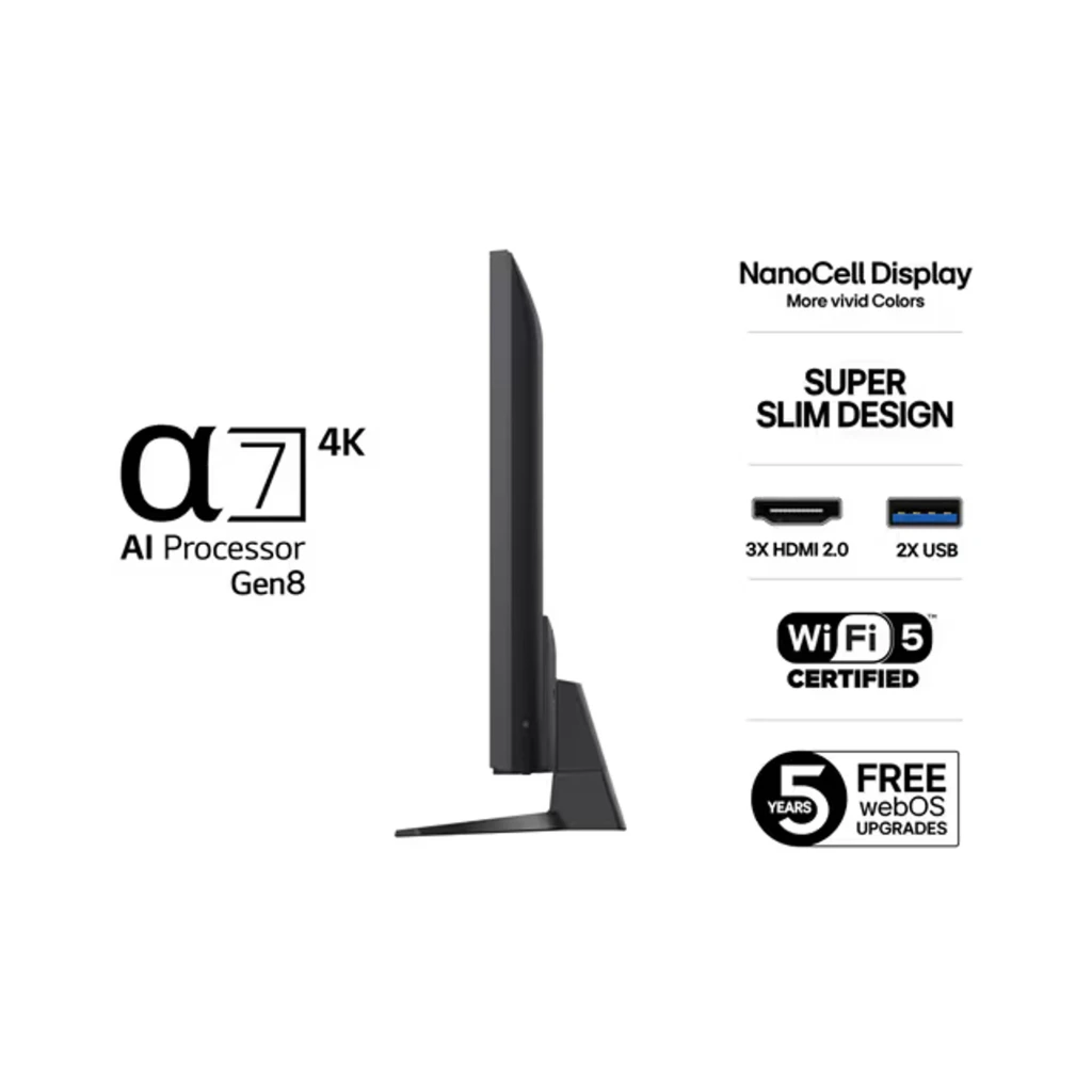 Téléviseur LG NanoCell 43 pouces 4K UHD, écran LED aux couleurs vives, cadre fin noir, pied central courbé, logos AI α7 et webOS 23 visibles - Ítem5