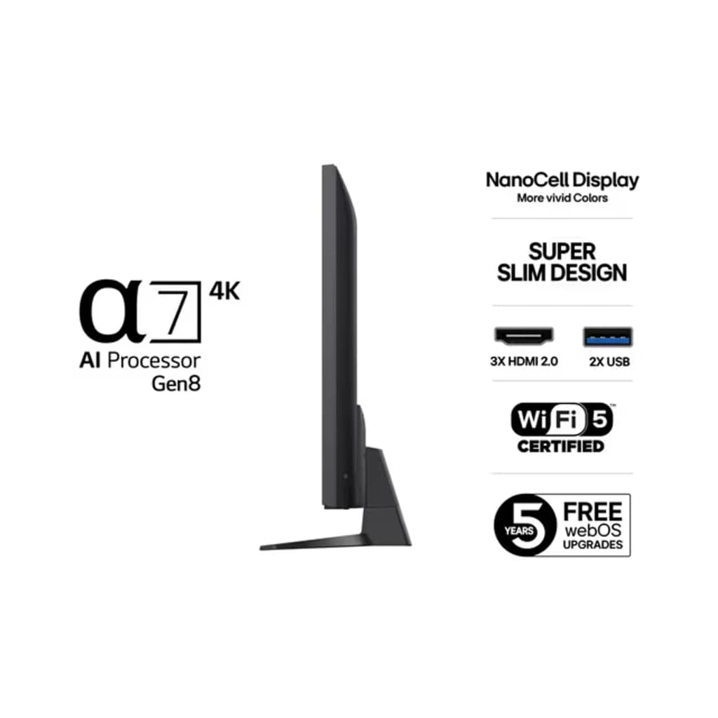 Televisor LG 43NANO82A6B 43 polegadas com design super fino, tela NanoCell 4K, processador α7 Gen8, 3x HDMI 2.0, 2x USB e Wi‑Fi 5 certificado