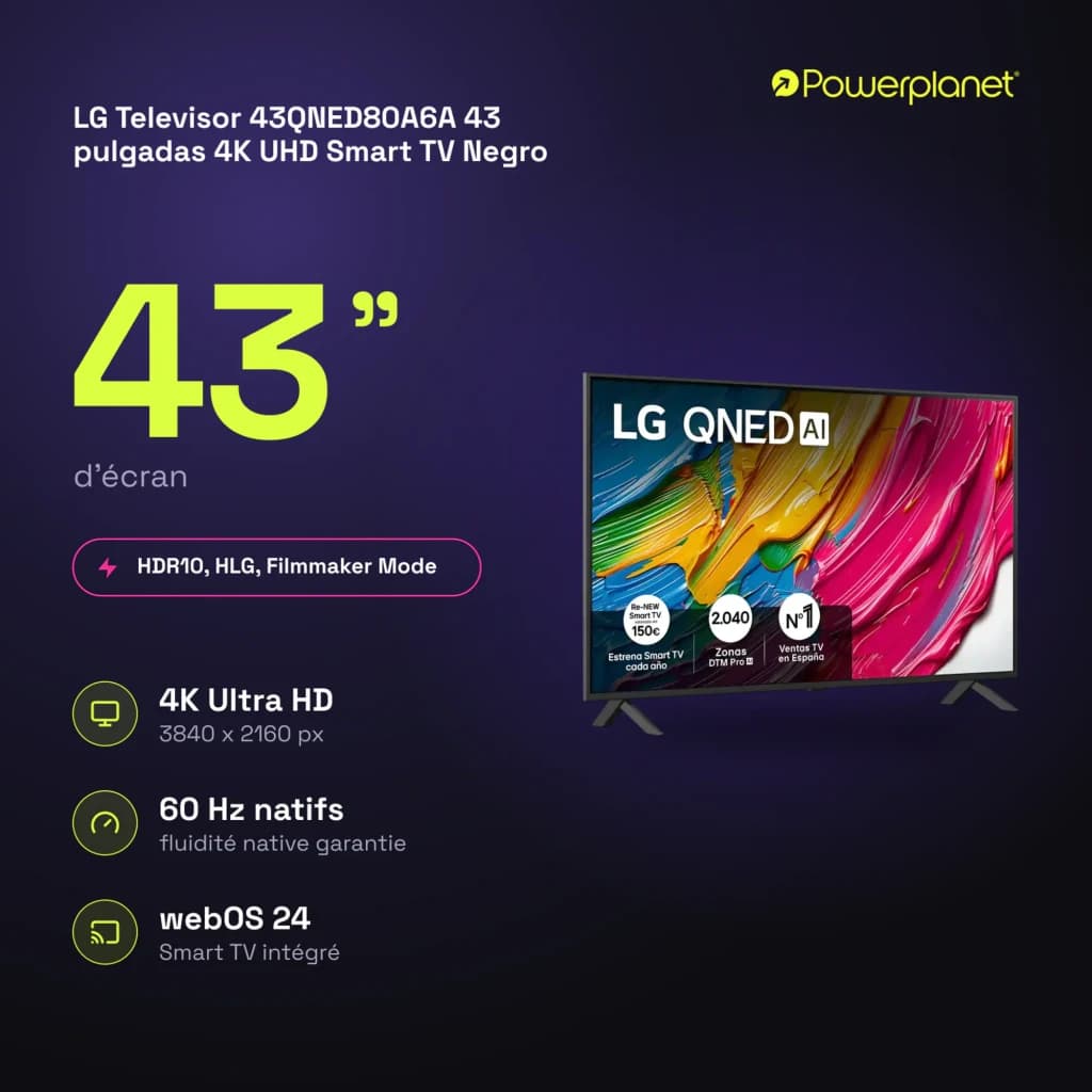 Téléviseur LG 43QNED80A6A 43 pouces QNED 4K, écran fin avec bords minces, couleurs vives, HDR10 et HLG, 60 Hz, webOS 24, pieds écartés élégants