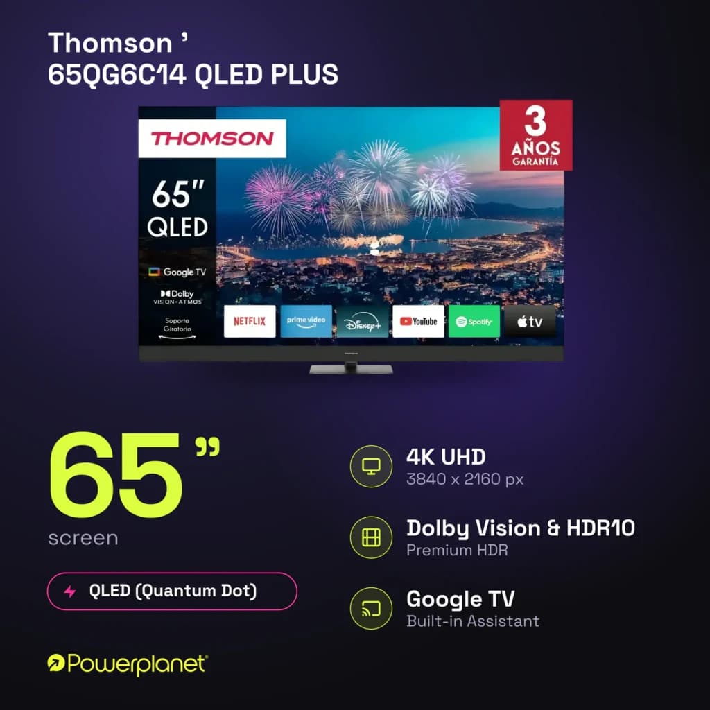 Téléviseur Thomson 65QG6C14 65 pouces QLED 4K UHD avec Google TV, Dolby Vision et HDR10, cadre fin noir, pied central robuste, couleurs vives