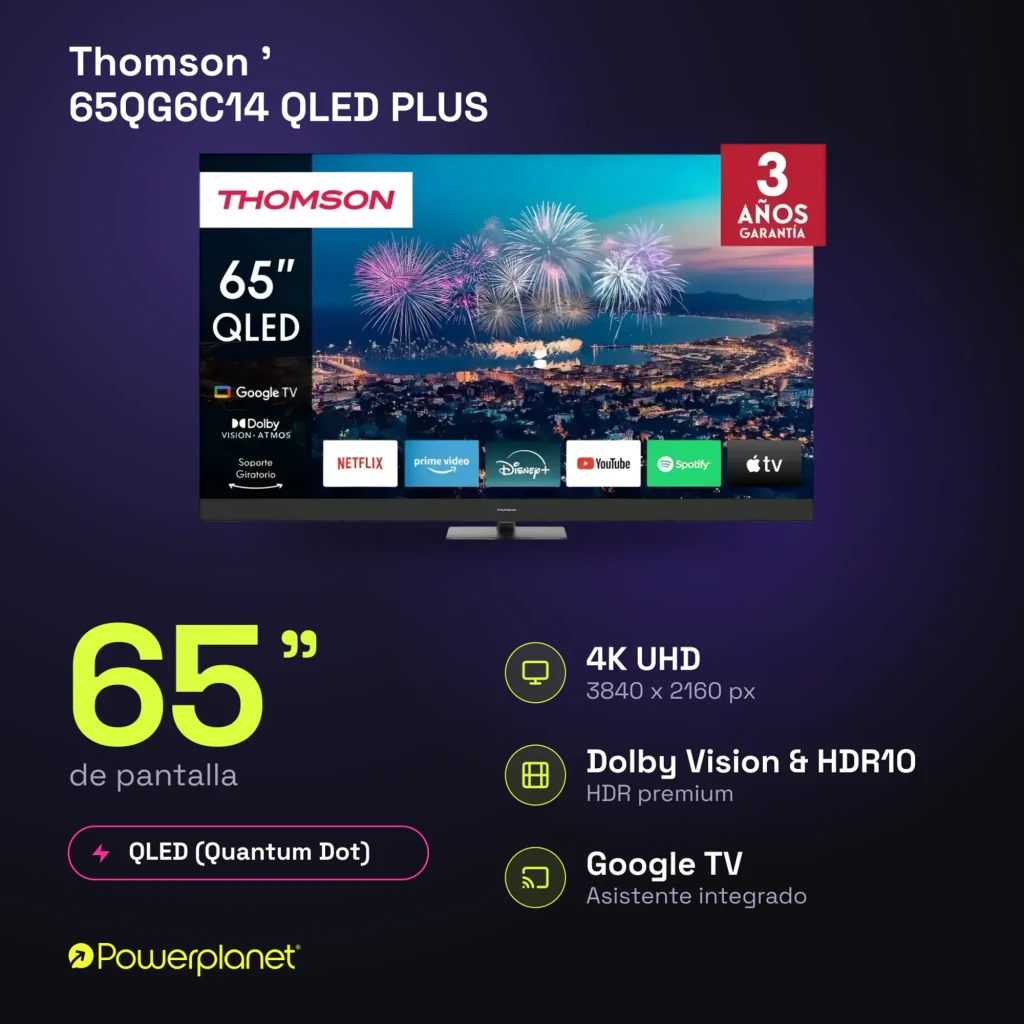 Televisor Thomson 65QG6C14 QLED Plus 65 pulgadas 4K UHD con Google TV, Dolby Vision y Atmos; biseles delgados, soporte central y apps de streaming en pantalla - Ítem4