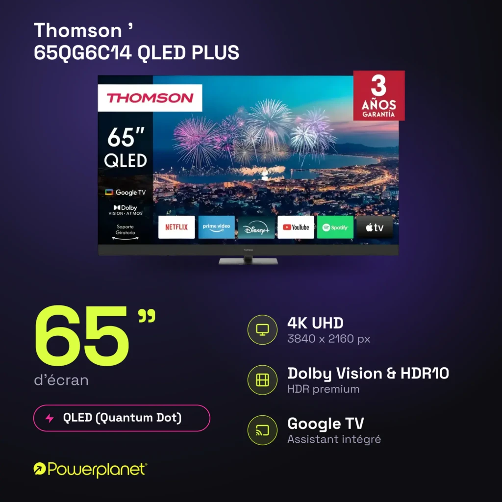 Televisor Thomson 65QG6C14 QLED Plus 65 pulgadas 4K UHD con Google TV, Dolby Vision y Atmos; biseles delgados, soporte central y apps de streaming en pantalla - Ítem2