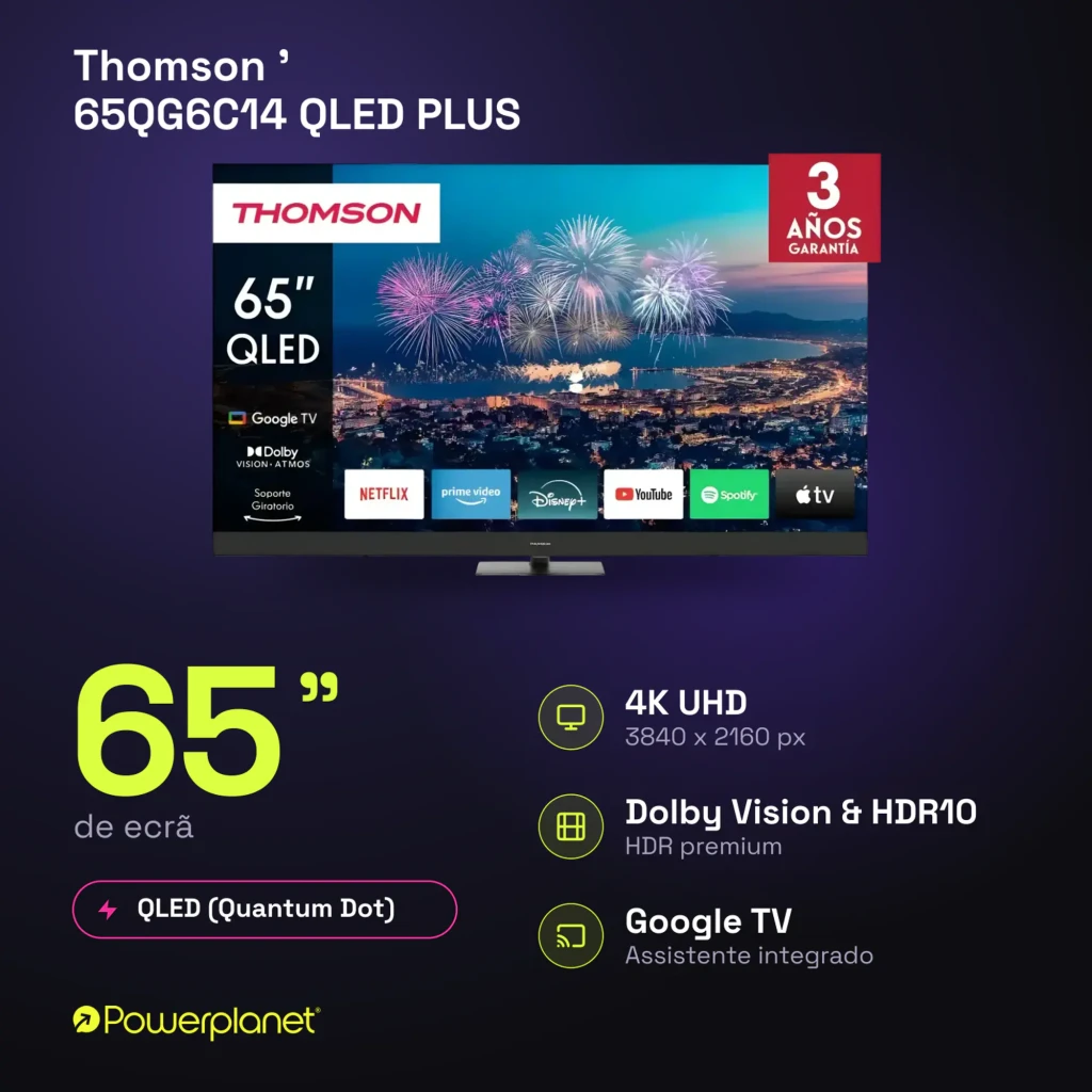 Televisor Thomson 65QG6C14 QLED Plus 65 pulgadas 4K UHD con Google TV, Dolby Vision y Atmos; biseles delgados, soporte central y apps de streaming en pantalla - Ítem3