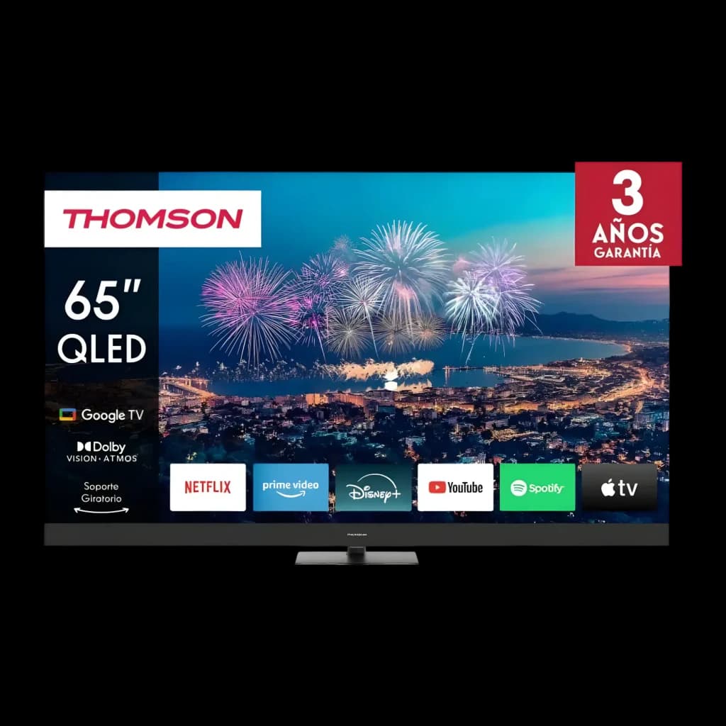 Téléviseur Thomson 65QG6C14 65 pouces QLED 4K UHD avec Google TV, Dolby Vision et Atmos, cadre fin noir, pied central, logos apps en façade, garantie 3 ans