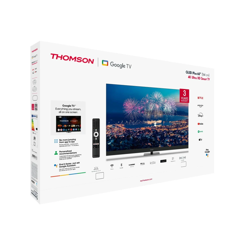 Televisor Thomson 65QG6C14 QLED Plus 65 pulgadas 4K UHD con Google TV, Dolby Vision y Atmos; biseles delgados, soporte central y apps de streaming en pantalla - Ítem5