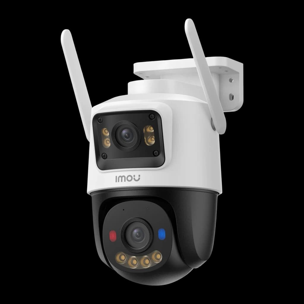 Imou Cruiser Dual 2C 4G 512GB Negro/Blanco, vista lateral: soporte de pared, dos módulos de cámara y antenas