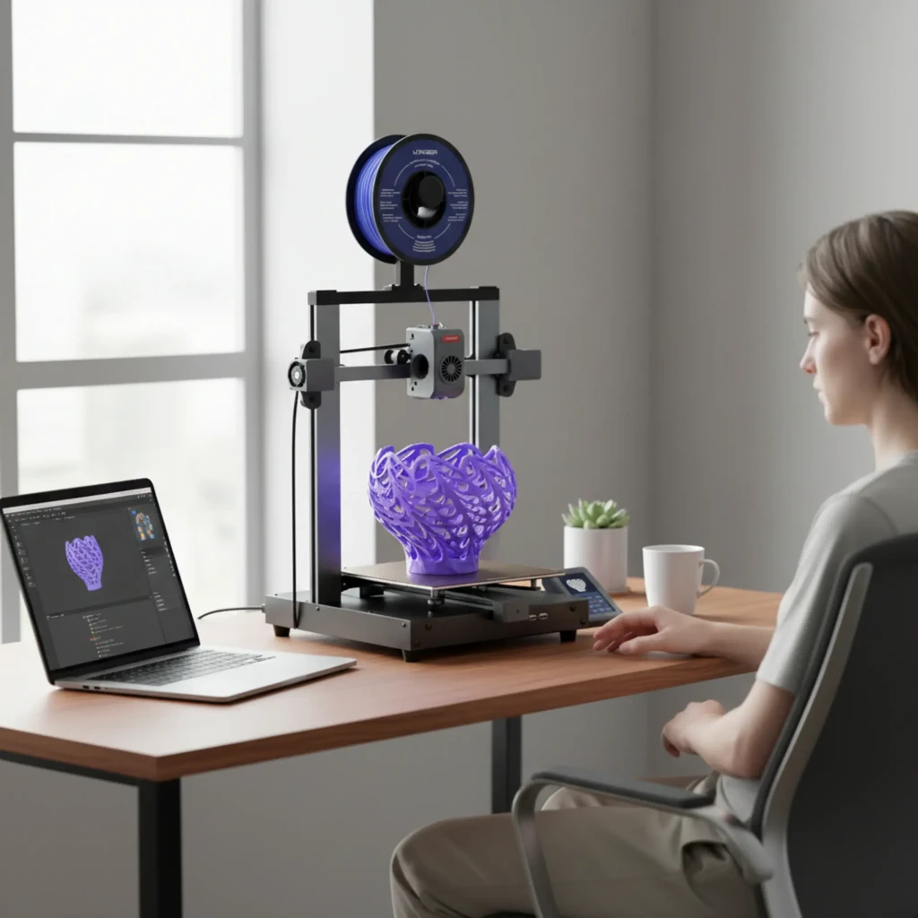 Impresora 3D Longer LK10 FDM con bobina superior, marco metálico, pantalla táctil lateral y pieza púrpura en la base; admite PLA, PETG, ABS, ASA y TPU - Ítem7