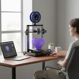 Imprimante 3D Longer LK10 FDM sur bureau, cadre métallique ouvert, bobine supérieure, écran tactile, pièce violette complexe en cours d’impression