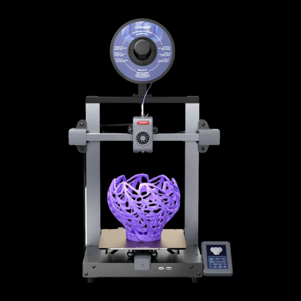Impresora 3D Longer LK10 FDM con bobina superior, marco metálico, pantalla táctil lateral y pieza púrpura en la base; admite PLA, PETG, ABS, ASA y TPU