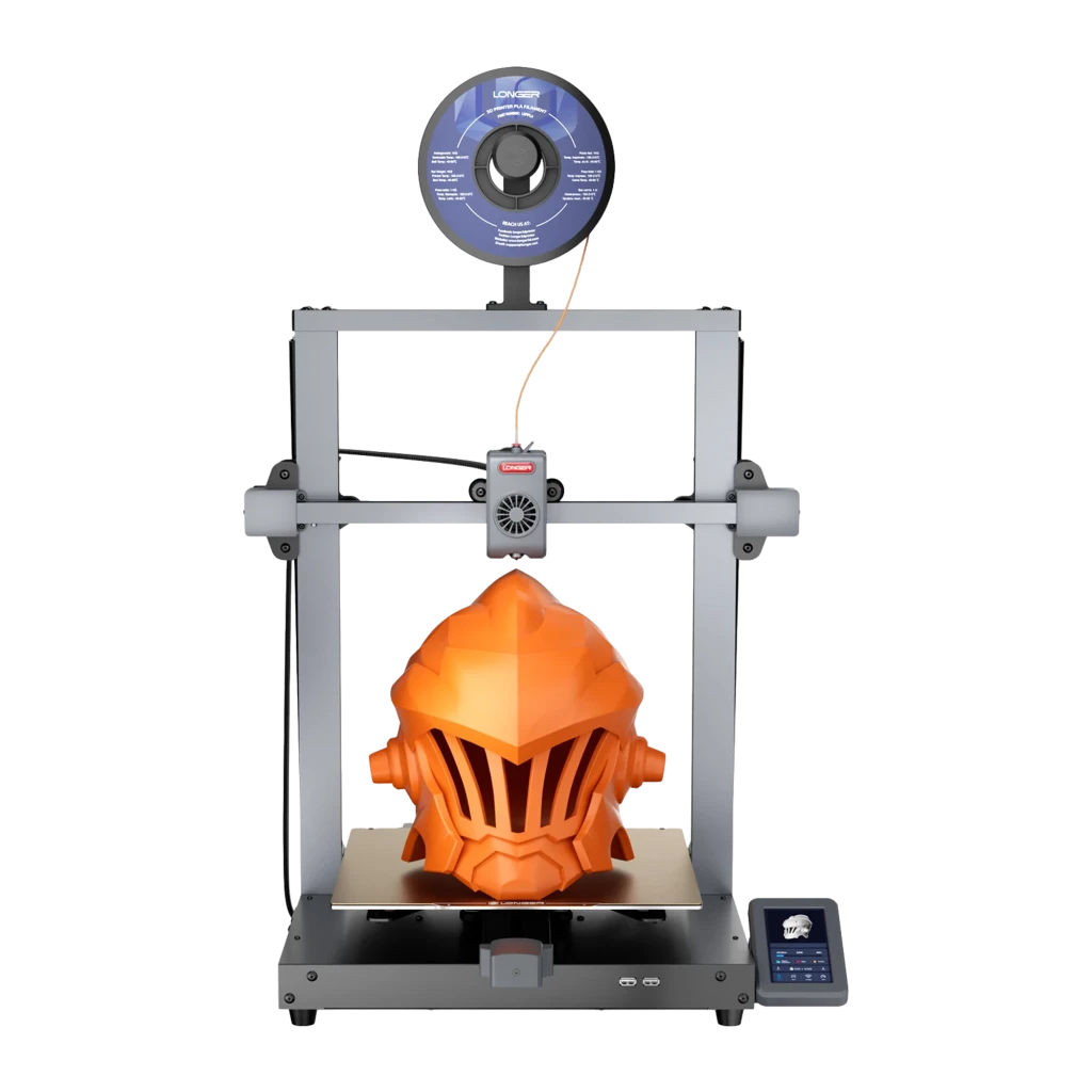 Impresora 3D Longer LK10 FDM con bobina superior, marco metálico, pantalla táctil lateral y pieza púrpura en la base; admite PLA, PETG, ABS, ASA y TPU - Ítem2
