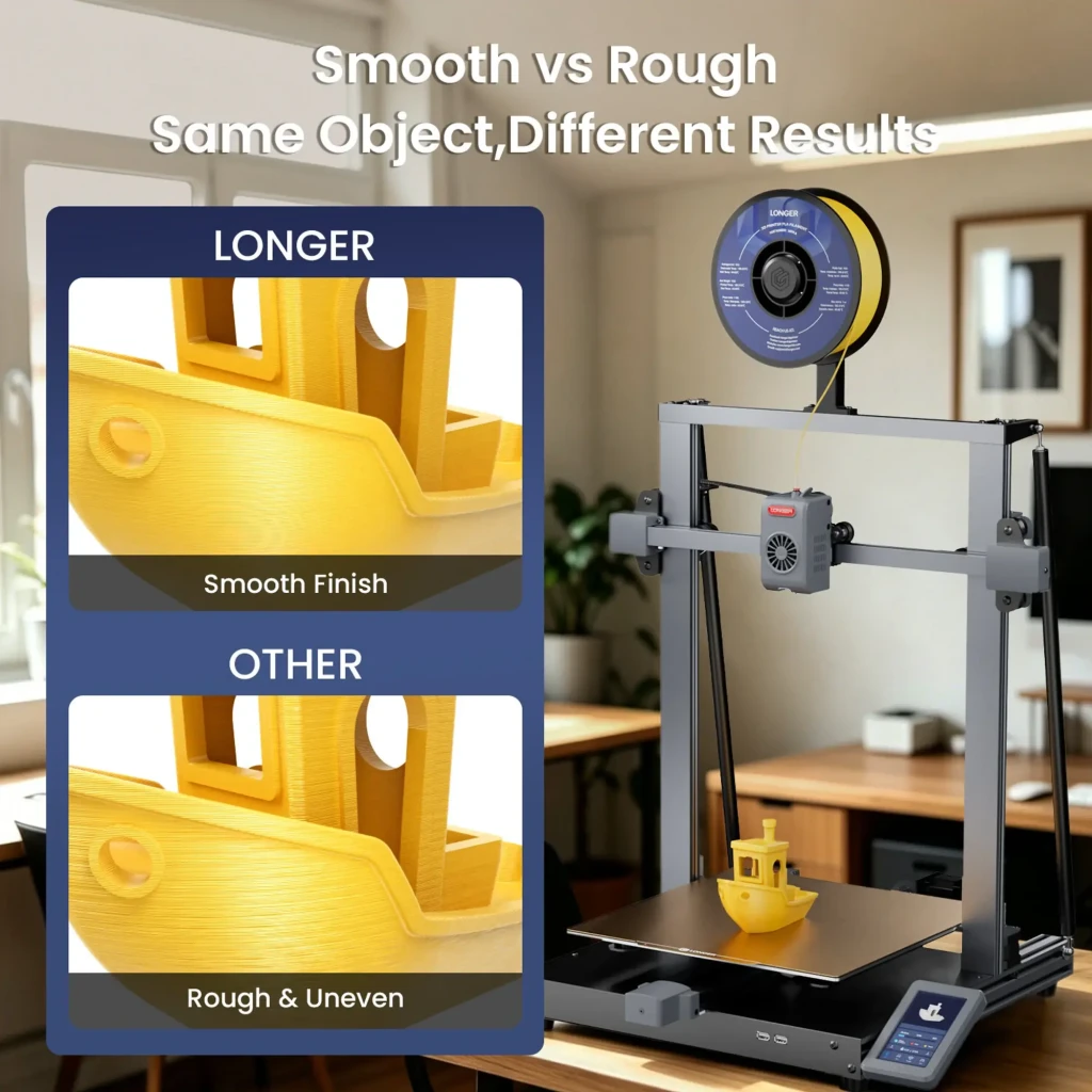 Impresora 3D Longer LK10 FDM con bobina superior, marco metálico, pantalla táctil lateral y pieza púrpura en la base; admite PLA, PETG, ABS, ASA y TPU - Ítem8