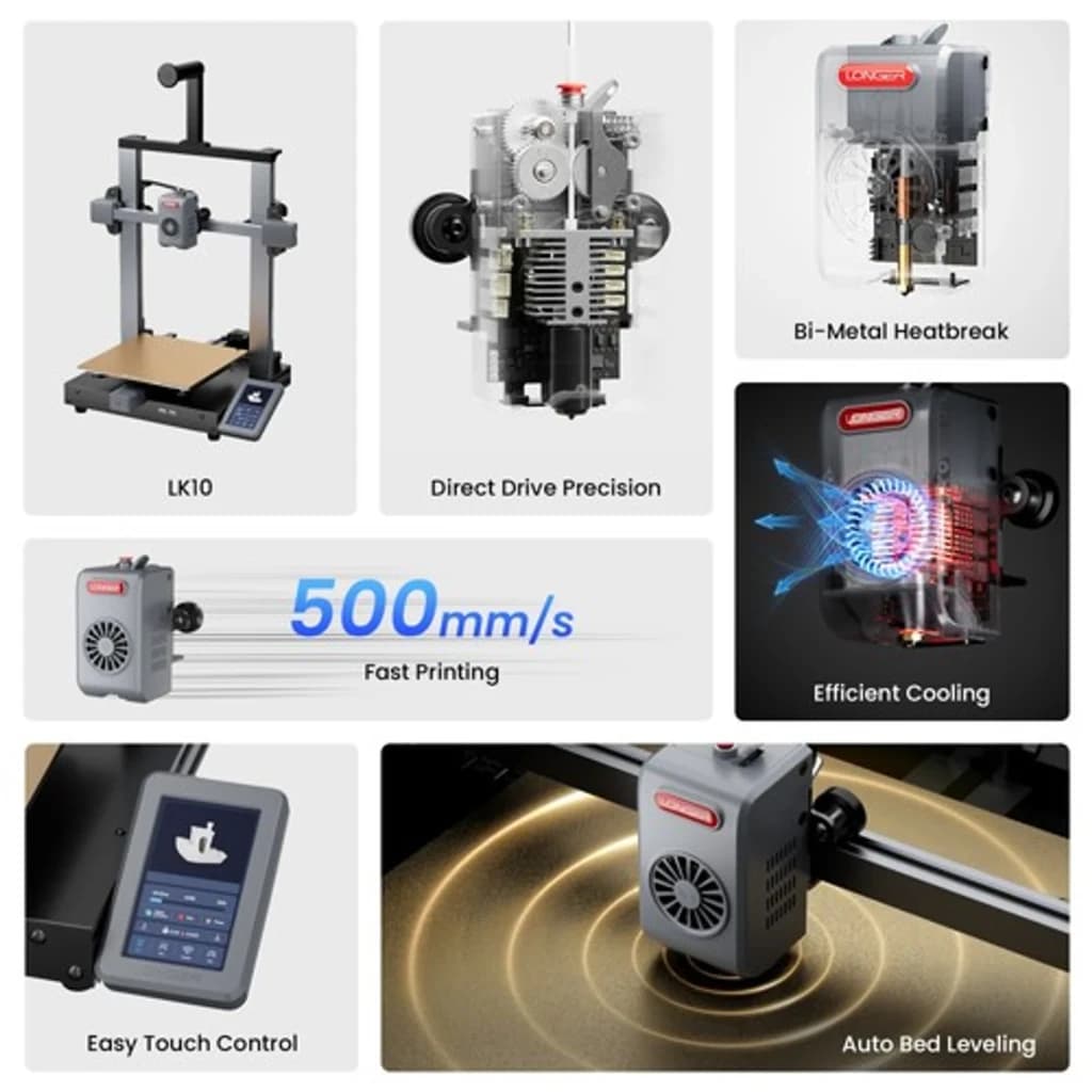 Impresora 3D Longer LK10 FDM con marco rígido, extrusor directo, hotend bimetálico, ventilación eficiente, pantalla táctil y autonivelado; 500 mm/s; PLA,