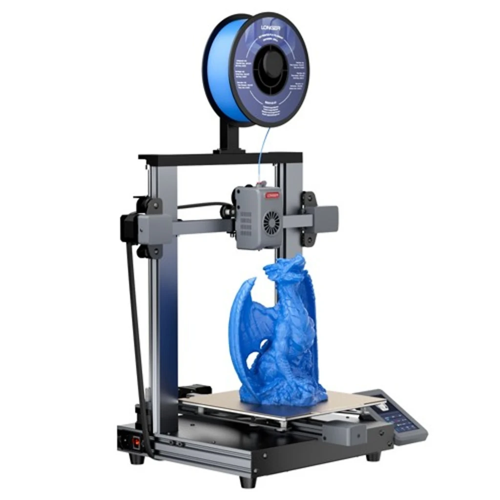 Impresora 3D Longer LK10 FDM con bobina superior, marco metálico, pantalla táctil lateral y pieza púrpura en la base; admite PLA, PETG, ABS, ASA y TPU - Ítem1