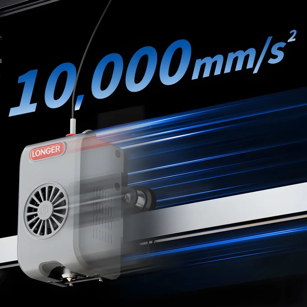 Cabezal de impresión Longer con ventilador frontal y carcasa gris, desplazándose a alta aceleración 10000 mm s² sobre riel metálico con efecto de velocidad